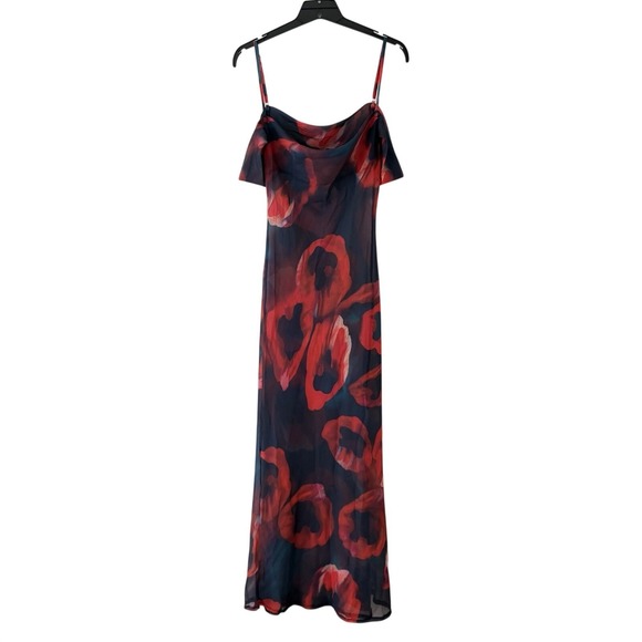 Dresses & Skirts - Sheer Rose Print Slip Dress Cowl Neck S Mesh Maxi 90s Grunge Fairy Romantic